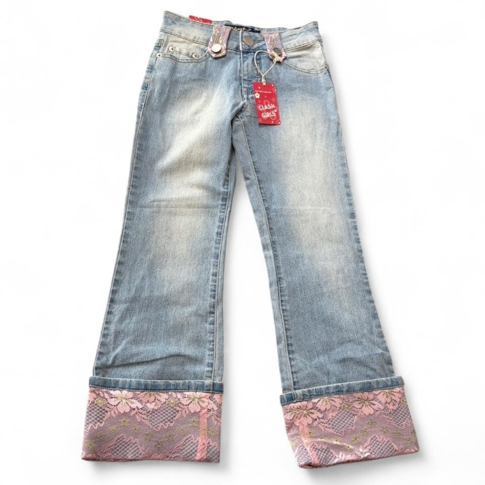 Y2K Clash Jeans Floral Lace Cuff Jeans, Girls Size 7